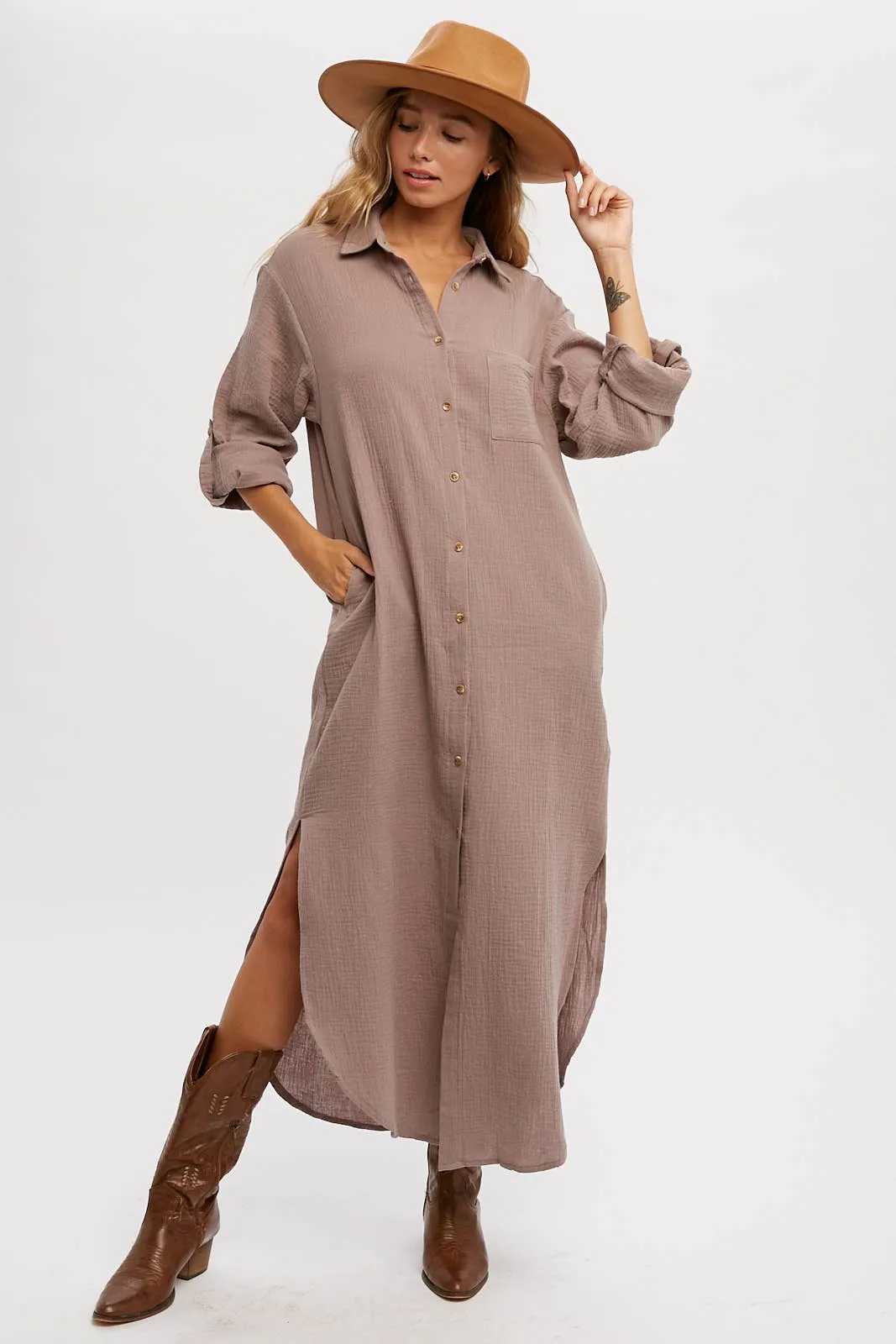 Button Up Cotton Gauze Maxi Dress With Pockets